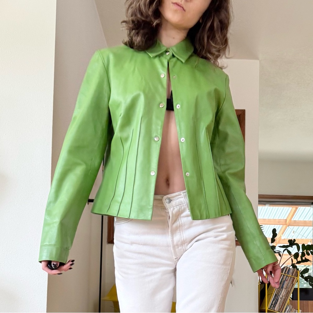 SOLD ON DEPOP 🌻 Vintage Lime Green Leather Jacket with Snap Closure